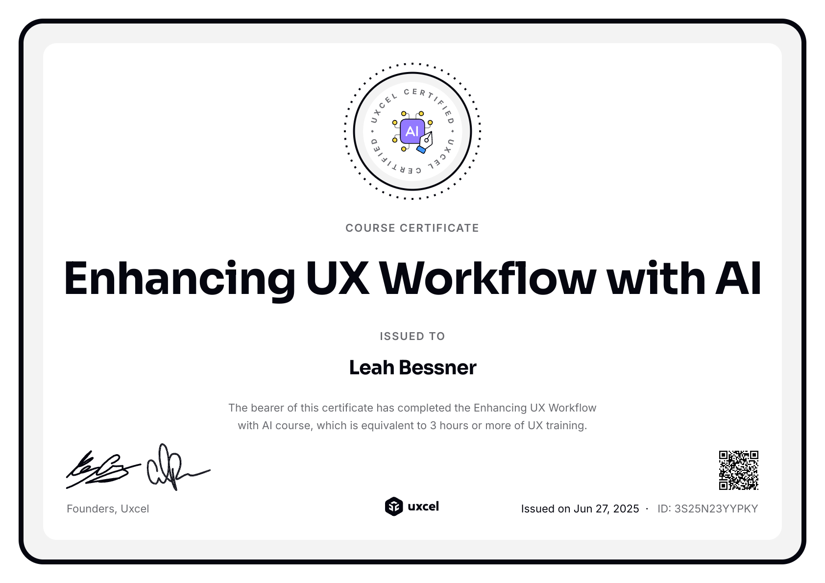 Leah Bessner's certificate